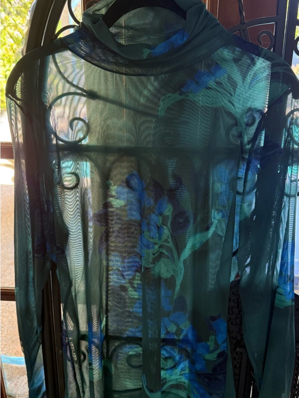 White House Black Market Teal Mesh Top with Navy Floral Accents